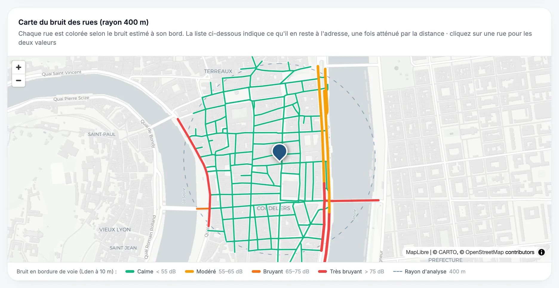 Carte du bruit des rues autour d'une adresse à Lyon, colorées de calme à très bruyant