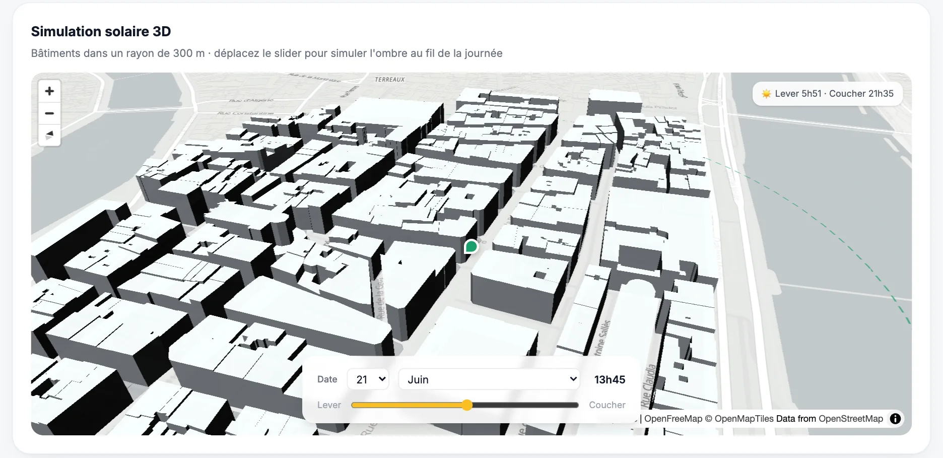 Simulation solaire 3D : ombre portée des immeubles autour d'une adresse à Lyon