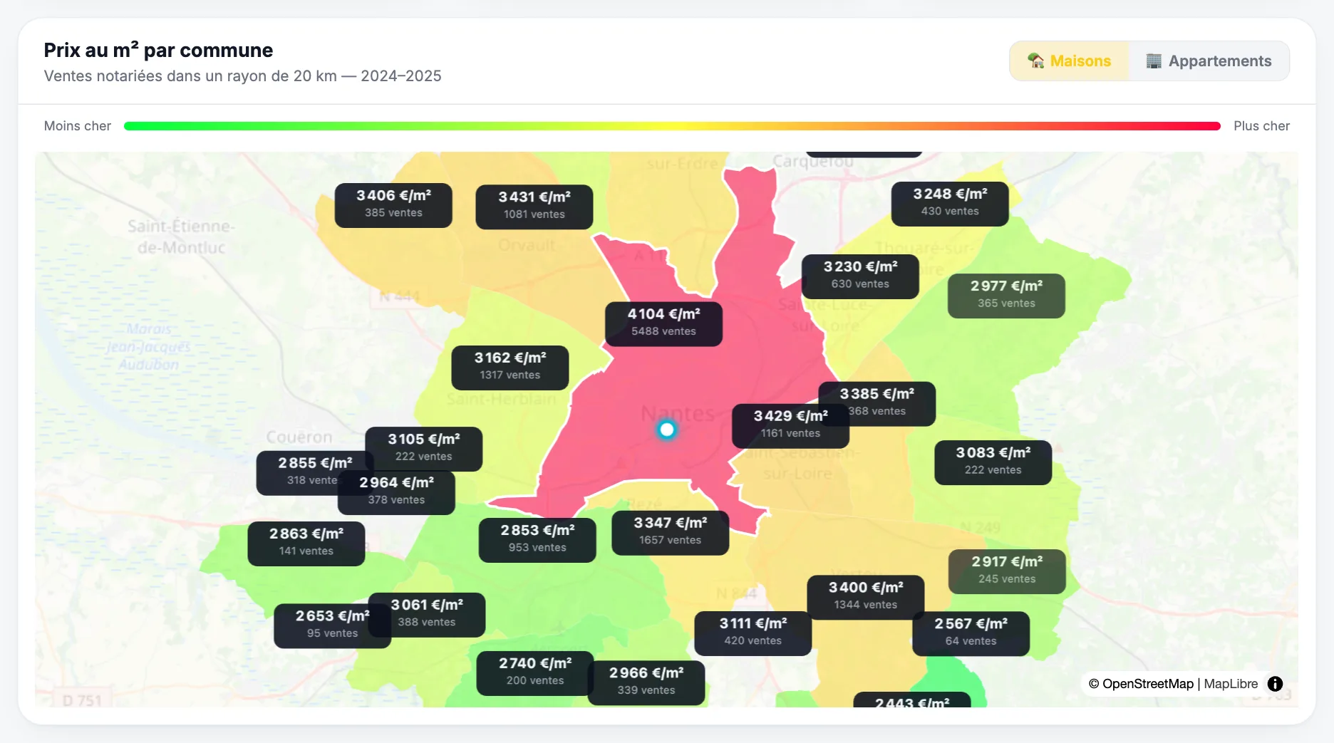 Carte des prix immobiliers au m² par commune autour de Nantes d'après les données DVF