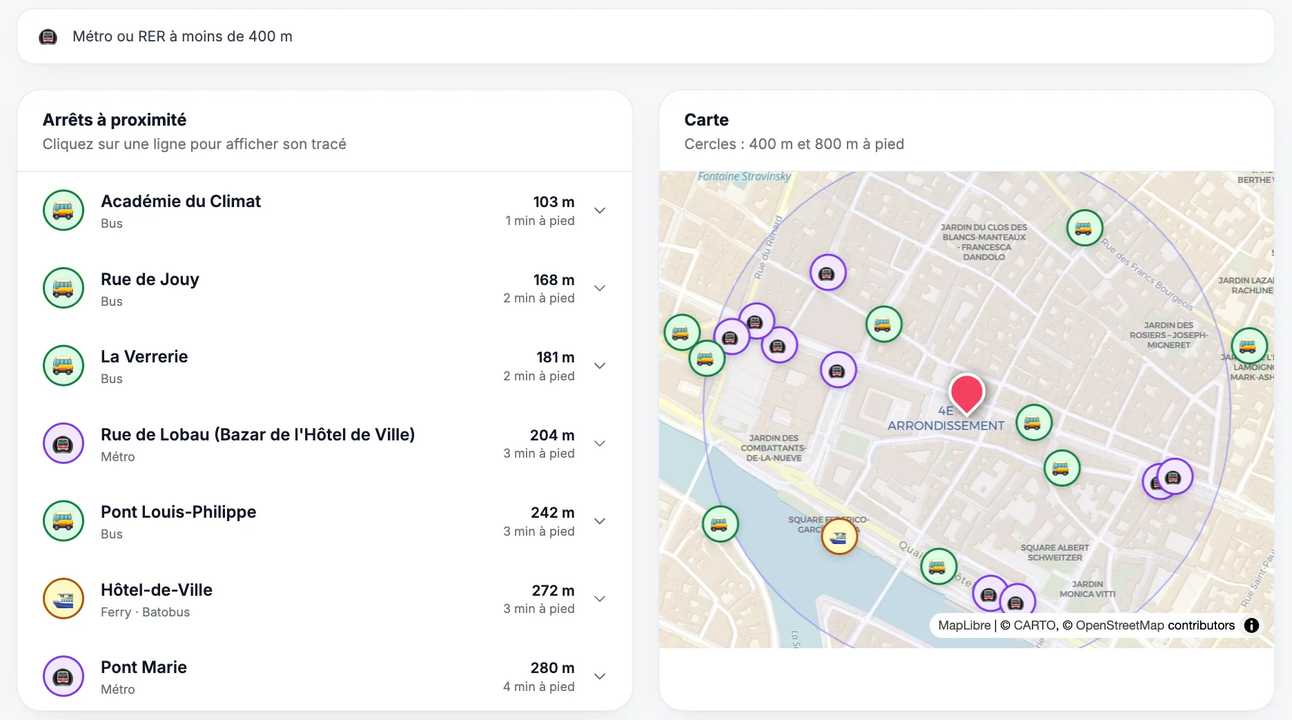 Arrêts de métro et de bus à proximité d'une adresse à Paris avec temps de marche et carte